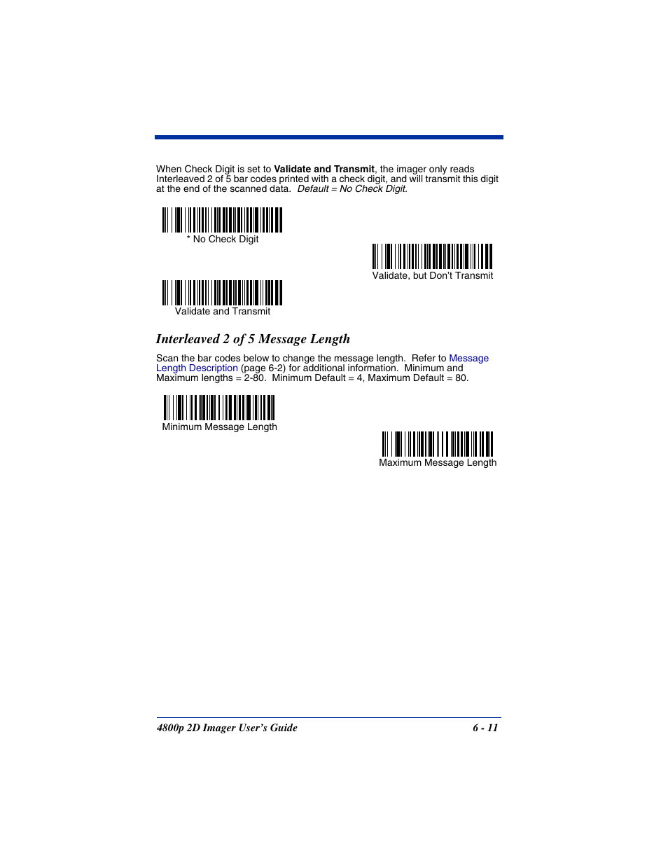 Interleaved 2 of 5 message length, Interleaved 2 of 5 message length -11 | Hand Held Products 2D IMAGER 4800P User Manual | Page 65 / 184