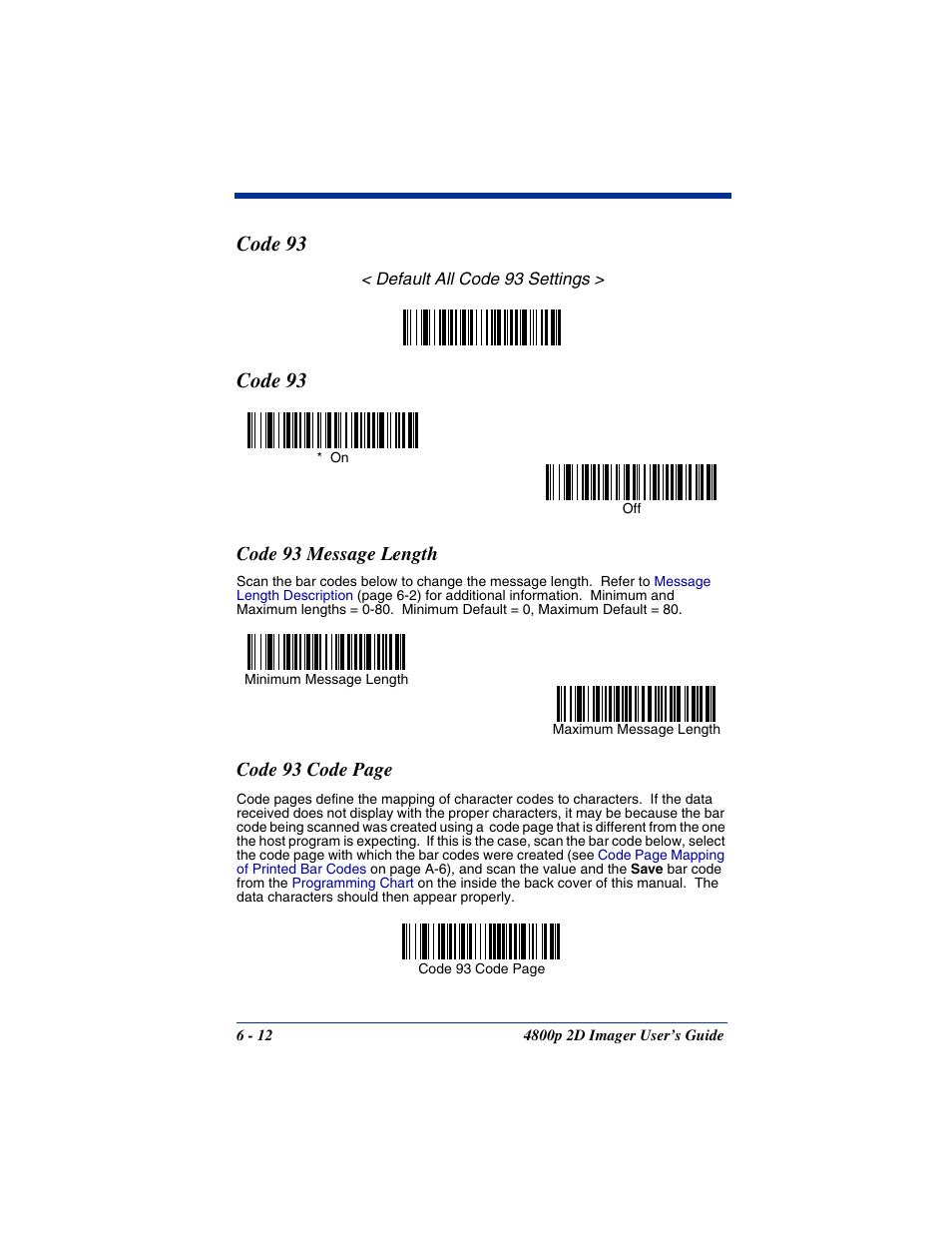 Code 93 message length, Code 93, Code 93 code page | Hand Held Products 2D IMAGER 4800P User Manual | Page 66 / 184