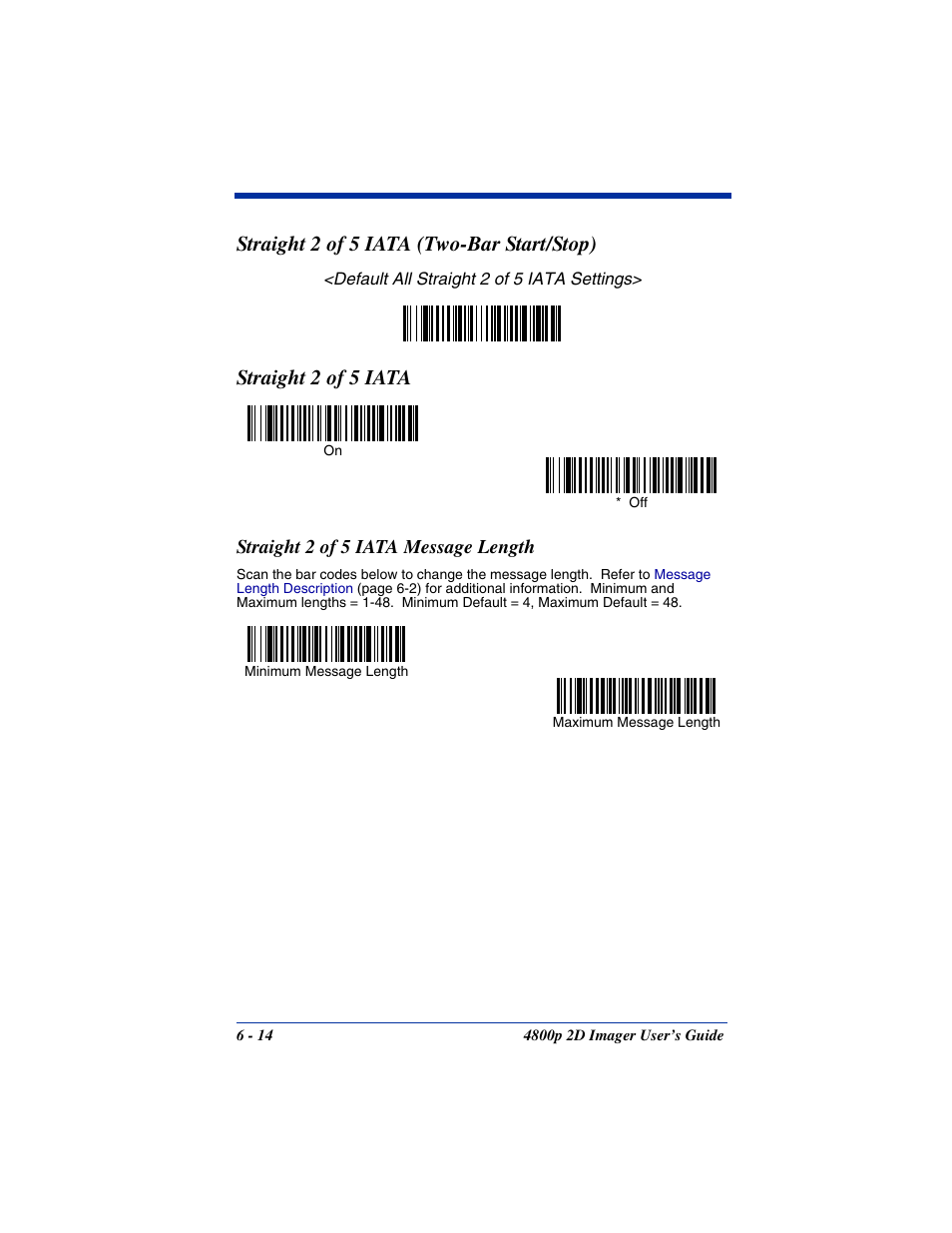 Straight 2 of 5 iata message length, Straight 2 of 5 iata message length -14, Straight 2 of 5 iata | Straight 2 of 5 iata (two-bar start/stop) | Hand Held Products 2D IMAGER 4800P User Manual | Page 68 / 184
