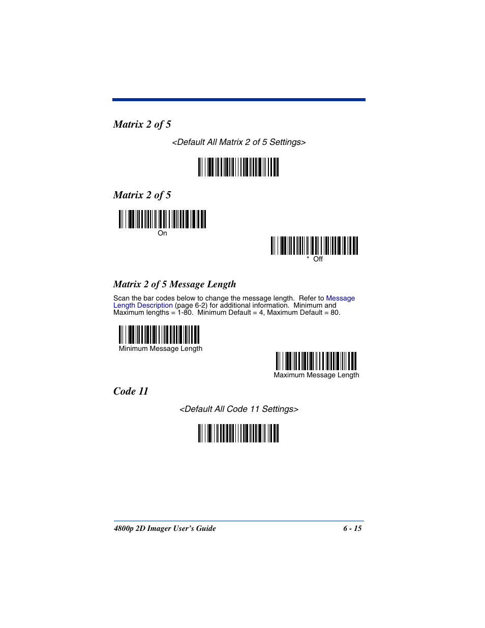 Matrix 2 of 5 message length, Matrix 2 of 5 message length -15, Matrix 2 of 5 | Code 11 | Hand Held Products 2D IMAGER 4800P User Manual | Page 69 / 184