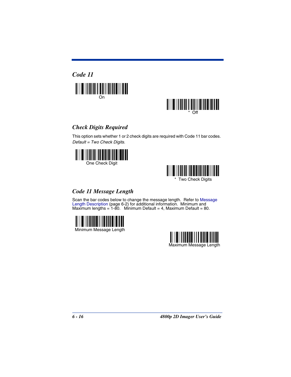 Check digits required, Code 11 message length, Code 11 | Hand Held Products 2D IMAGER 4800P User Manual | Page 70 / 184