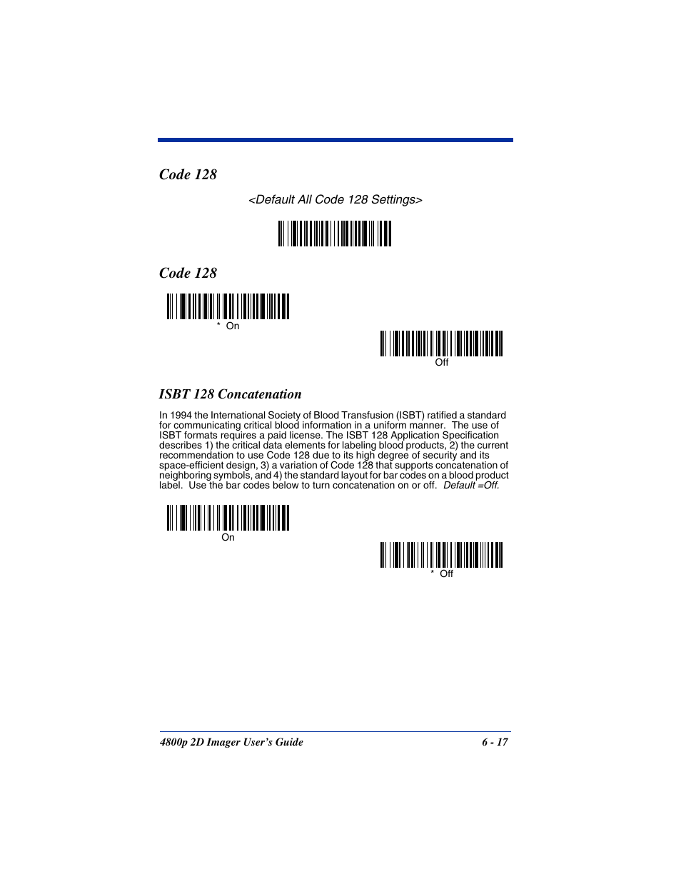 Isbt 128 concatenation, Isbt 128 concatenation -17, Code 128 | Hand Held Products 2D IMAGER 4800P User Manual | Page 71 / 184
