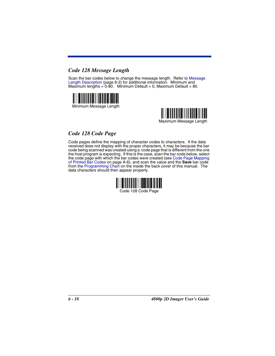 Code 128 message length, Code 128 code page | Hand Held Products 2D IMAGER 4800P User Manual | Page 72 / 184