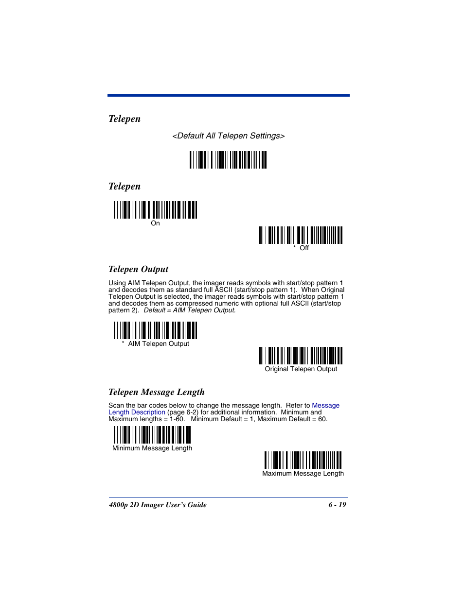Telepen output, Telepen message length, Telepen output -19 telepen message length -19 | Telepen | Hand Held Products 2D IMAGER 4800P User Manual | Page 73 / 184