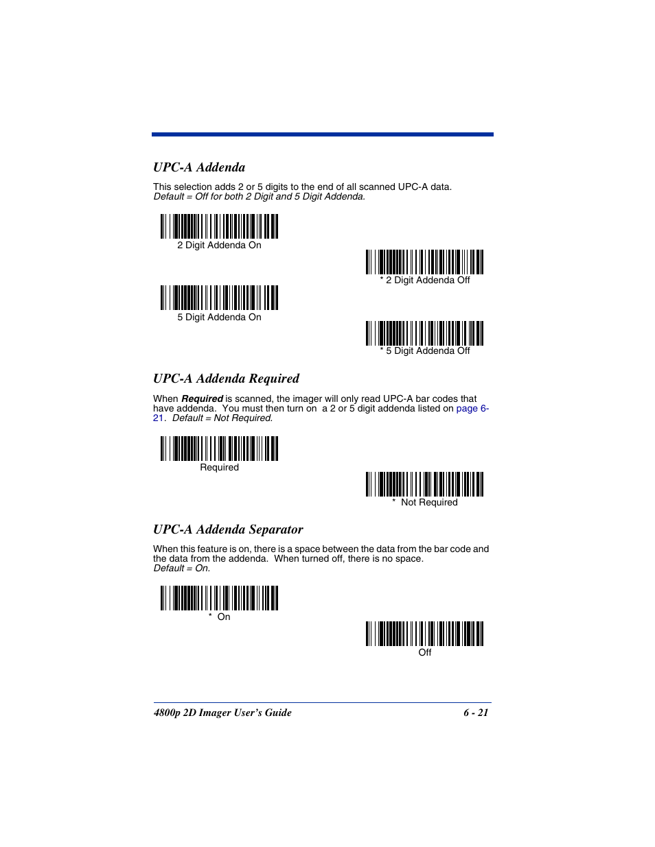 Upc-a addenda, Upc-a addenda required, Upc-a addenda separator | Hand Held Products 2D IMAGER 4800P User Manual | Page 75 / 184