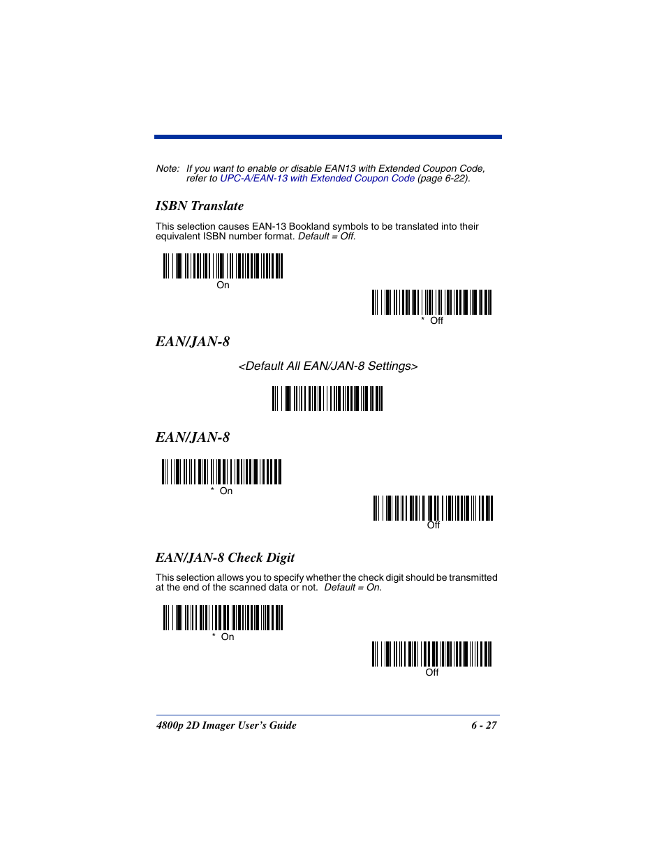 Isbn translate, Ean/jan-8 check digit, Isbn translate -27 ean/jan-8 check digit -27 | Ean/jan-8 | Hand Held Products 2D IMAGER 4800P User Manual | Page 81 / 184