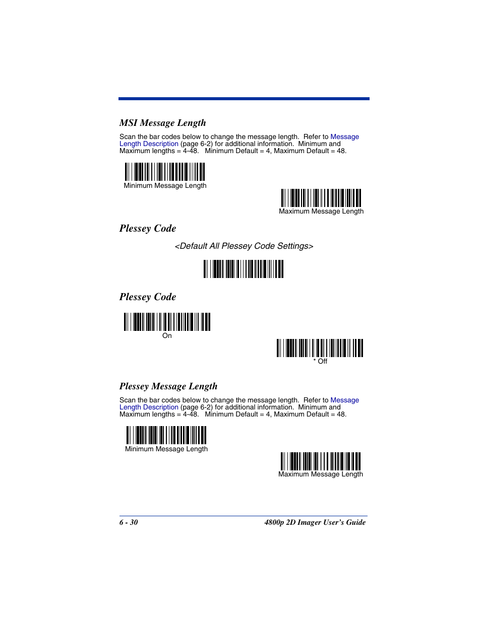 Msi message length, Plessey message length, Msi message length -30 plessey message length -30 | Plessey code | Hand Held Products 2D IMAGER 4800P User Manual | Page 84 / 184