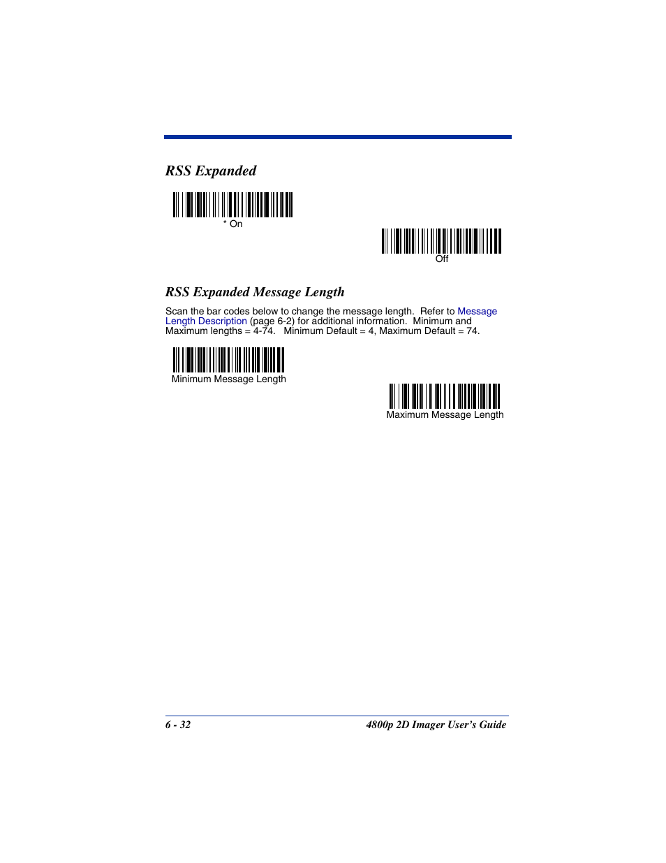 Rss expanded message length, Rss expanded message length -32, Rss expanded | Hand Held Products 2D IMAGER 4800P User Manual | Page 86 / 184