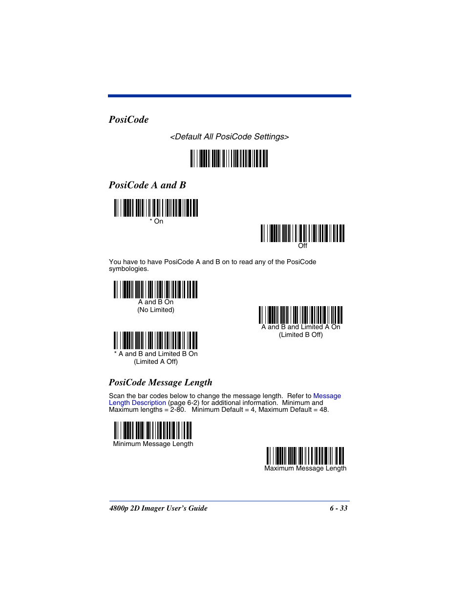 Posicode message length, Posicode message length -33, Posicode a and b | Posicode | Hand Held Products 2D IMAGER 4800P User Manual | Page 87 / 184