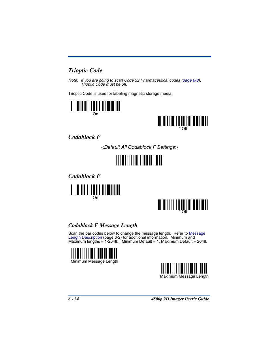 Codablock f message length, Codablock f message length -34, Codablock f | Trioptic code | Hand Held Products 2D IMAGER 4800P User Manual | Page 88 / 184