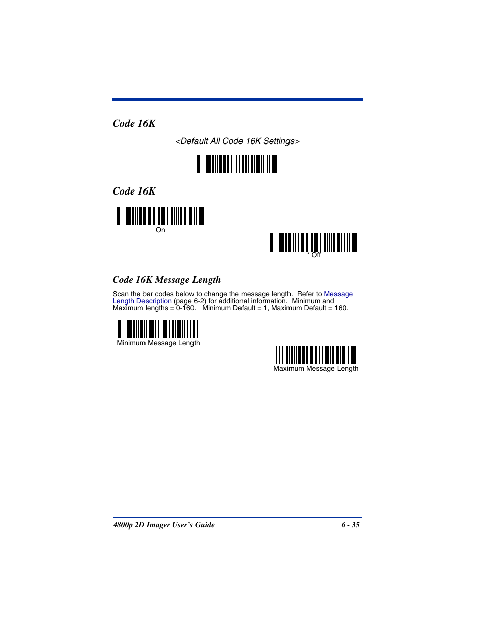Code 16k message length, Code 16k message length -35, Code 16k | Hand Held Products 2D IMAGER 4800P User Manual | Page 89 / 184