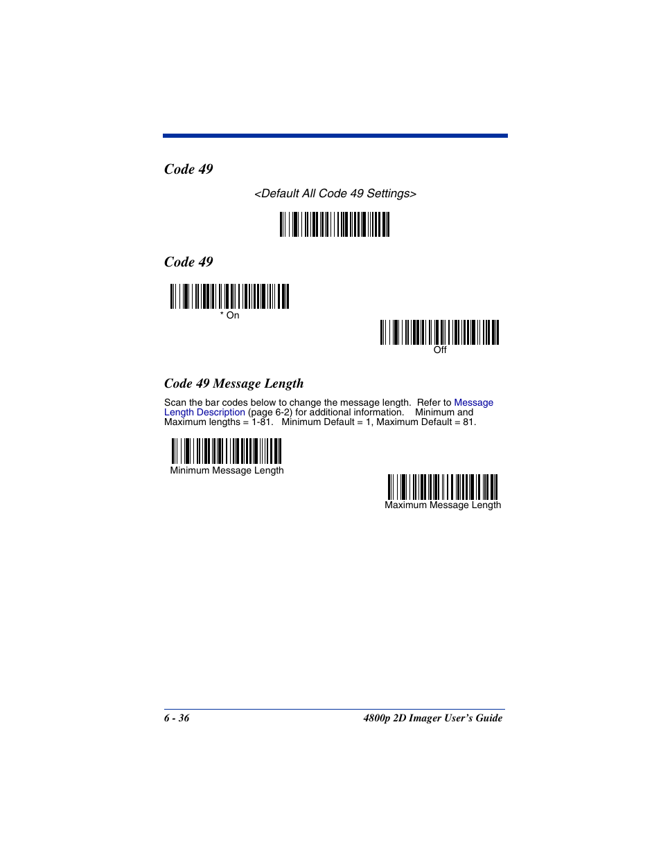 Code 49 message length, Code 49 message length -36, Code 49 | Hand Held Products 2D IMAGER 4800P User Manual | Page 90 / 184
