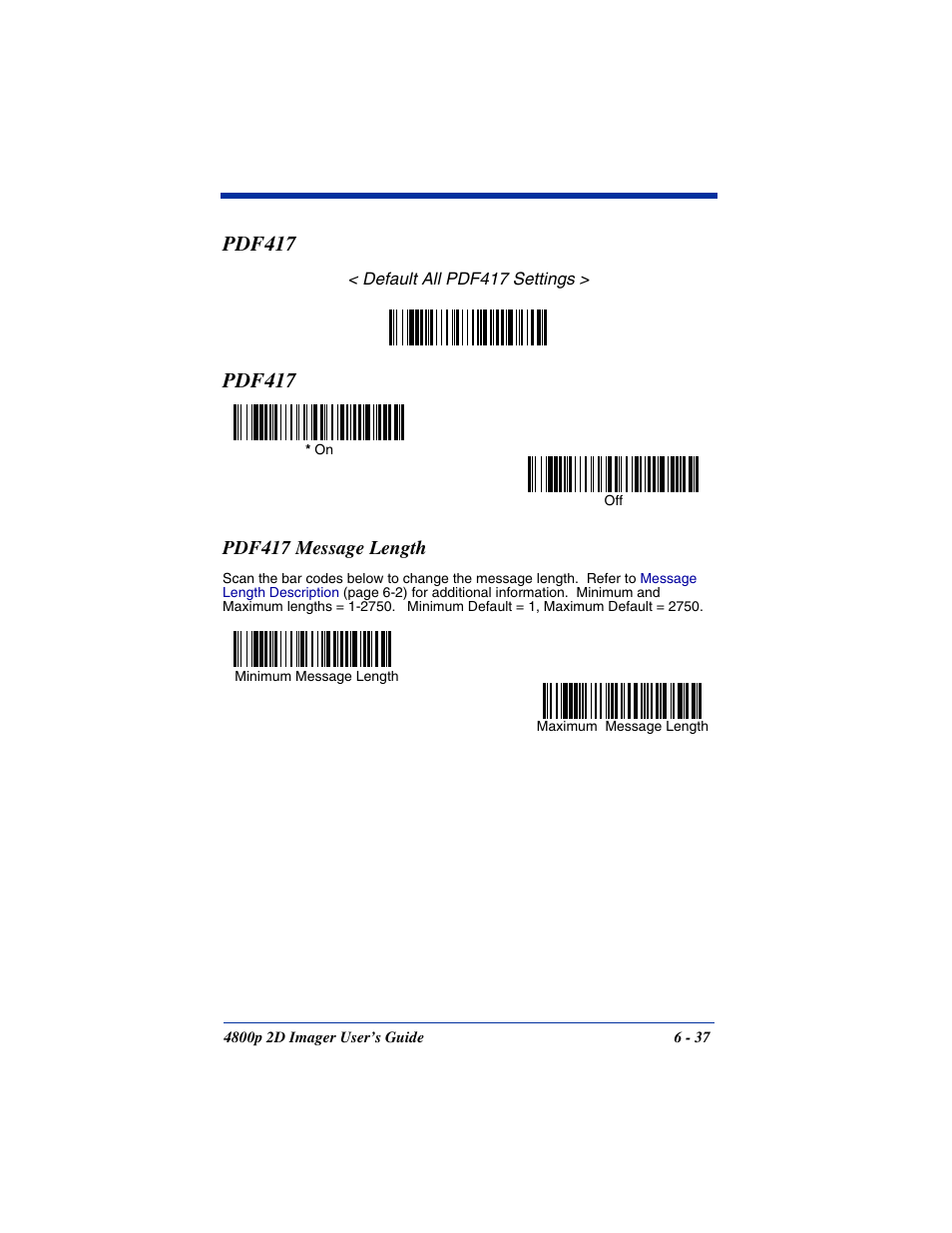 Pdf417 message length, Pdf417 message length -37, Pdf417 | Hand Held Products 2D IMAGER 4800P User Manual | Page 91 / 184