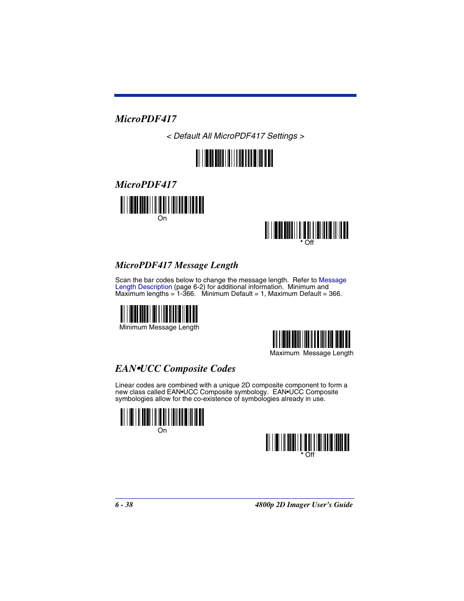 Micropdf417 message length, Micropdf417 message length -38, Micropdf417 | Ean•ucc composite codes, Ean • ucc composite codes | Hand Held Products 2D IMAGER 4800P User Manual | Page 92 / 184