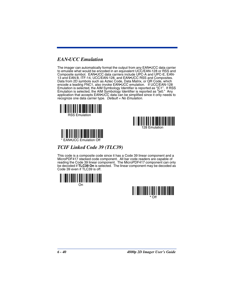 Tcif linked code 39 (tlc39), Ucc emulation | Hand Held Products 2D IMAGER 4800P User Manual | Page 94 / 184