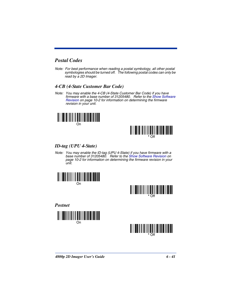 Cb (4-state customer bar code), Id-tag (upu 4-state), Postnet | Postal codes | Hand Held Products 2D IMAGER 4800P User Manual | Page 95 / 184