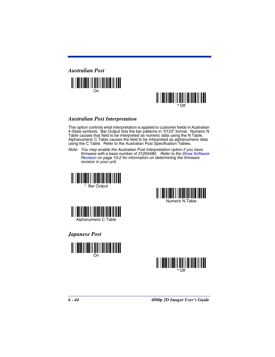 Australian post, Australian post interpretation, Japanese post | Hand Held Products 2D IMAGER 4800P User Manual | Page 98 / 184