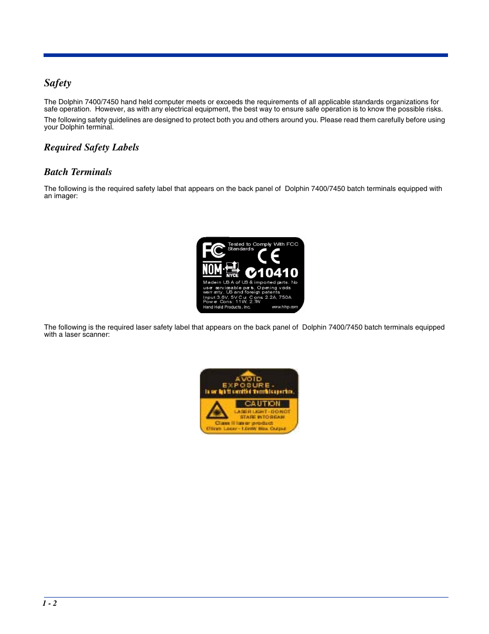 Safety, Required safety labels, Safety -2 | Required safety labels -2 | Hand Held Products 7400/7450 User Manual | Page 10 / 107