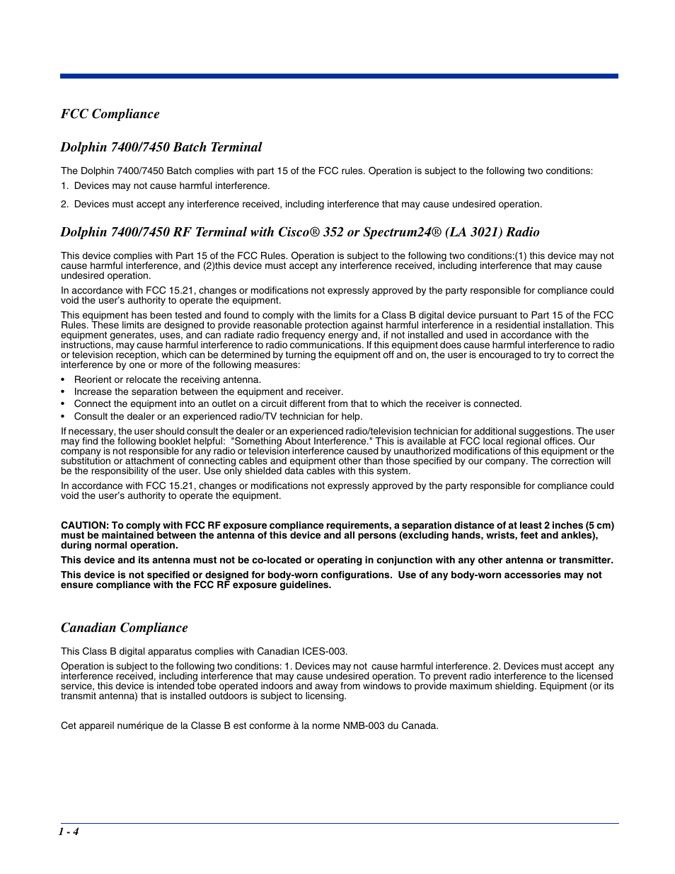 Fcc compliance, Fcc compliance -4, Canadian compliance | Hand Held Products 7400/7450 User Manual | Page 12 / 107
