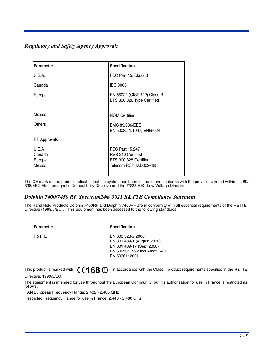 Regulatory and safety agency approvals | Hand Held Products 7400/7450 User Manual | Page 13 / 107