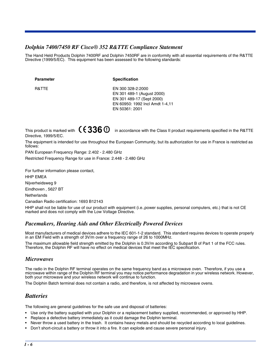 Batteries, Batteries -6, Microwaves | Hand Held Products 7400/7450 User Manual | Page 14 / 107