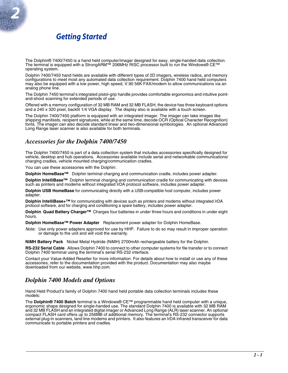 Getting started, Accessories for the dolphin 7400/7450, Dolphin 7400 models and options | Chapter 2 - getting started | Hand Held Products 7400/7450 User Manual | Page 17 / 107