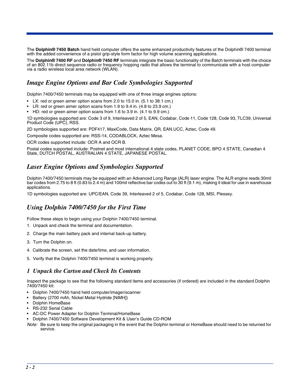 Laser engine options and symbologies supported, Using dolphin 7400/7450 for the first time, 1 unpack the carton and check its contents | Hand Held Products 7400/7450 User Manual | Page 18 / 107