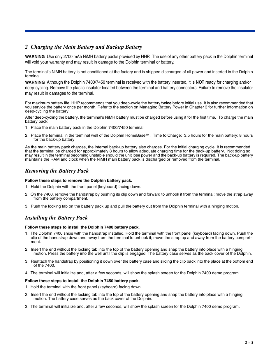 2 charging the main battery and backup battery, Removing the battery pack, Installing the battery pack | Hand Held Products 7400/7450 User Manual | Page 19 / 107