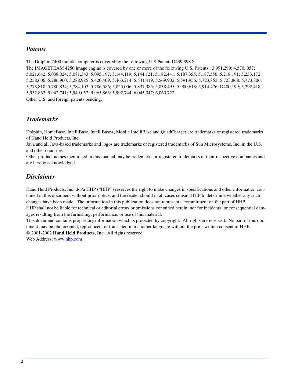 Patents, Trademarks, Disclaimer | Hand Held Products 7400/7450 User Manual | Page 2 / 107