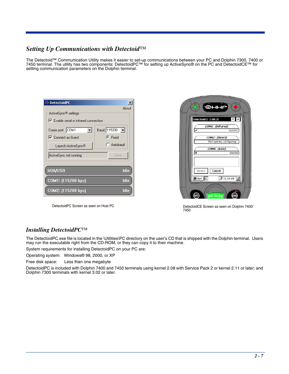 Setting up communications with detectoid, Installing detectoidpc, Setting up communications with detectoid™ -7 | Installing detectoidpc™ -7 | Hand Held Products 7400/7450 User Manual | Page 23 / 107