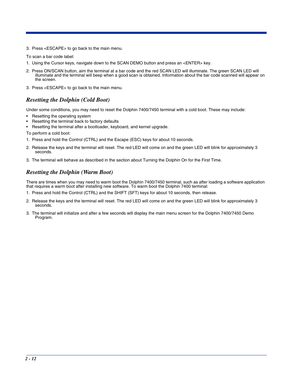 Resetting the dolphin (cold boot), Resetting the dolphin (warm boot) | Hand Held Products 7400/7450 User Manual | Page 28 / 107