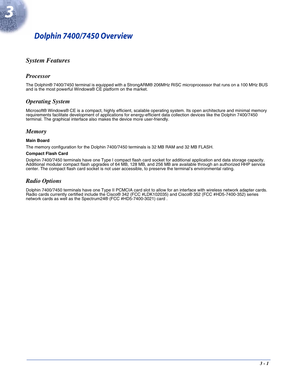 Dolphin 7400/7450 overview, System features, Processor | Operating system, Memory, Radio options, Chapter 3 - dolphin 7400/7450 overview, System features -1 | Hand Held Products 7400/7450 User Manual | Page 29 / 107