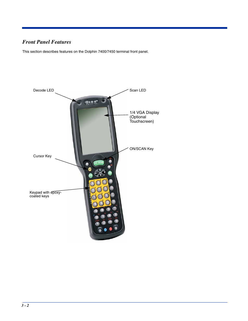Front panel features, Front panel features -2 | Hand Held Products 7400/7450 User Manual | Page 30 / 107