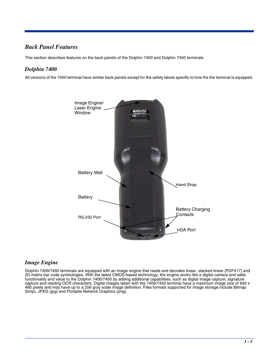 Back panel features, Dolphin 7400, Image engine | Back panel features -5, Dolphin 7400 -5 image engine -5 | Hand Held Products 7400/7450 User Manual | Page 33 / 107