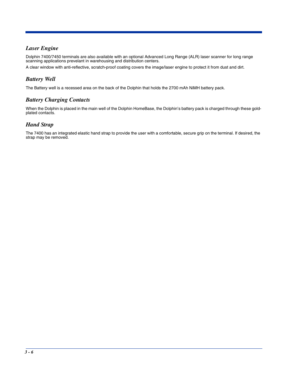 Laser engine, Battery well, Battery charging contacts | Hand strap | Hand Held Products 7400/7450 User Manual | Page 34 / 107