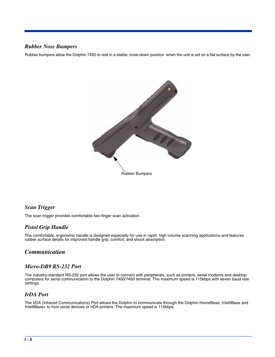 Rubber nose bumpers, Scan trigger, Pistol grip handle | Communication, Micro-db9 rs-232 port, Irda port, Communication -8, Micro-db9 rs-232 port -8 irda port -8 | Hand Held Products 7400/7450 User Manual | Page 36 / 107