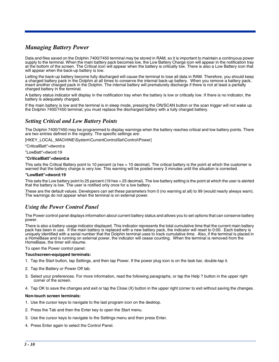 Managing battery power, Setting critical and low battery points, Using the power control panel | Managing battery power -10 | Hand Held Products 7400/7450 User Manual | Page 38 / 107