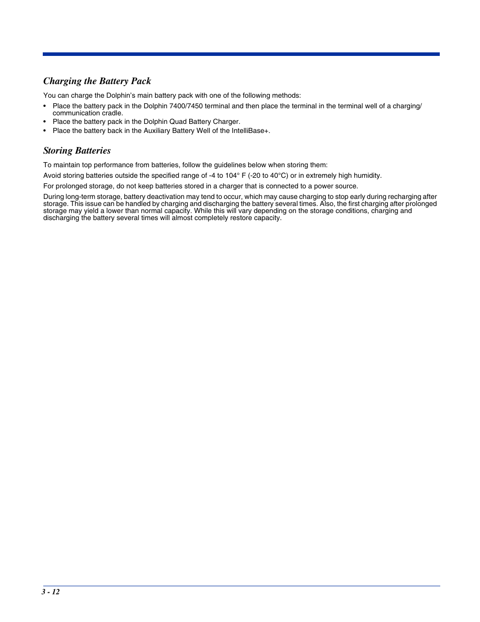 Charging the battery pack, Storing batteries | Hand Held Products 7400/7450 User Manual | Page 40 / 107