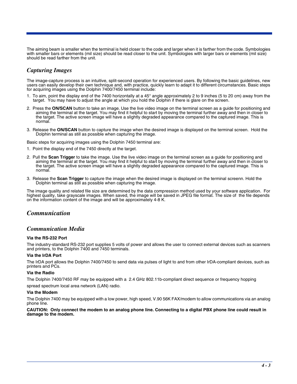 Communication, Communication media, Communication -3 | Communication media -3, Capturing images | Hand Held Products 7400/7450 User Manual | Page 43 / 107