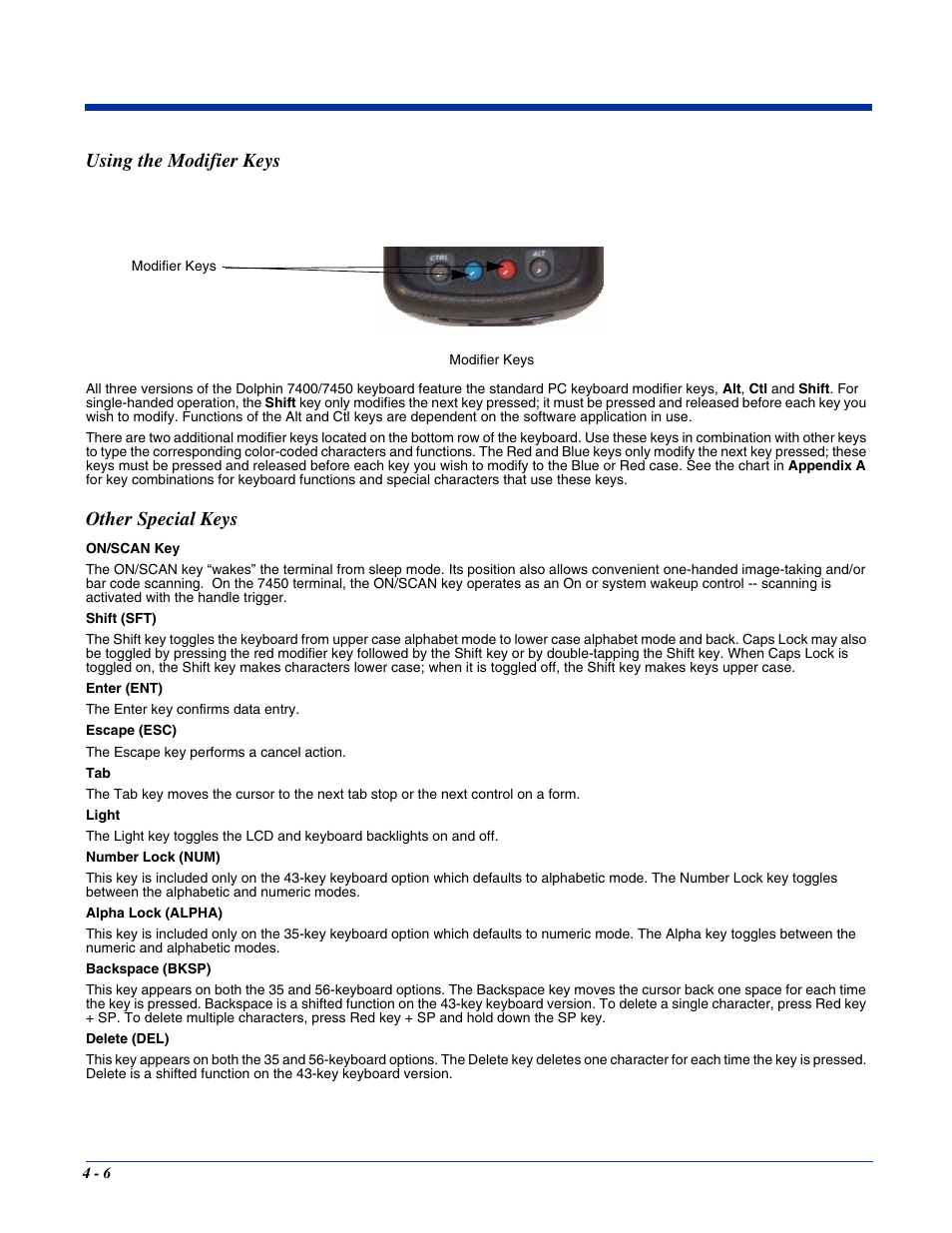 Using the modifier keys, Other special keys, Using the modifier keys -6 other special keys -6 | Hand Held Products 7400/7450 User Manual | Page 46 / 107
