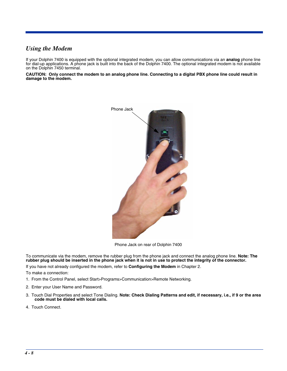 Using the modem, Using the modem -8 | Hand Held Products 7400/7450 User Manual | Page 48 / 107