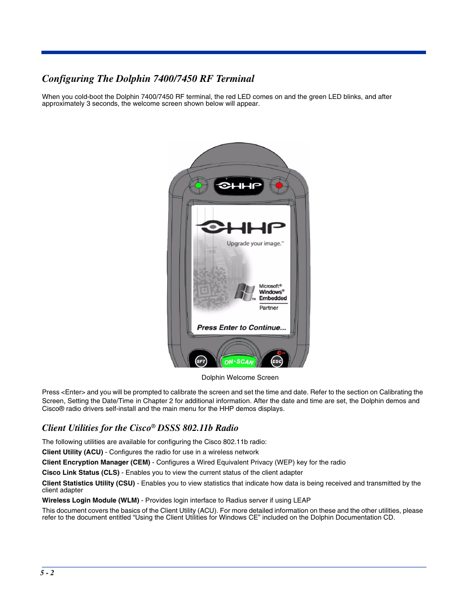 Configuring the dolphin 7400/7450 rf terminal, Client utilities for the cisco® dsss 802.11b radio, Configuring the dolphin 7400/7450 rf terminal -2 | Client utilities for the cisco | Hand Held Products 7400/7450 User Manual | Page 50 / 107