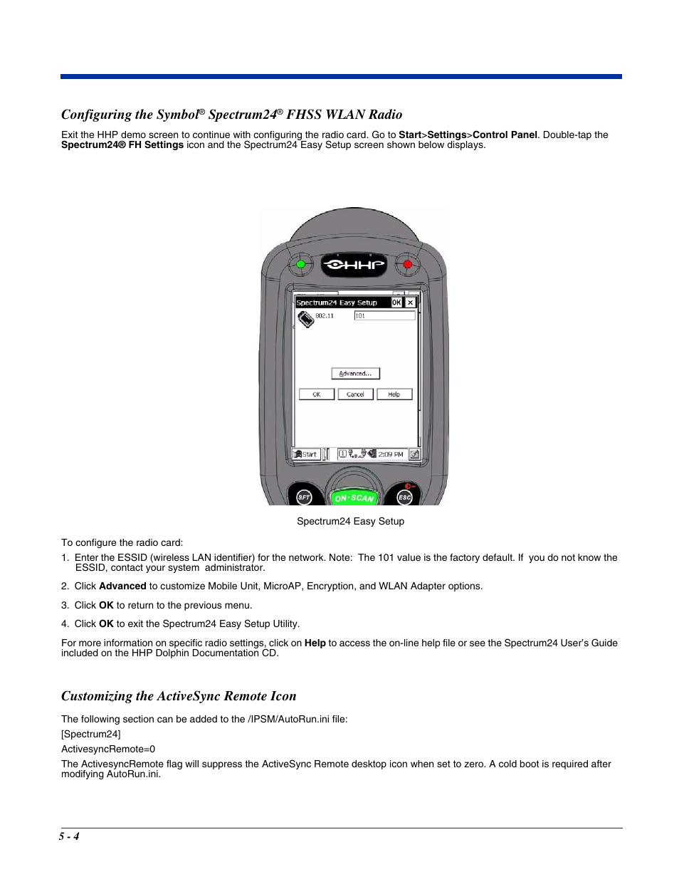 Configuring the symbol, Spectrum24, Fhss wlan radio | Customizing the activesync remote icon | Hand Held Products 7400/7450 User Manual | Page 52 / 107