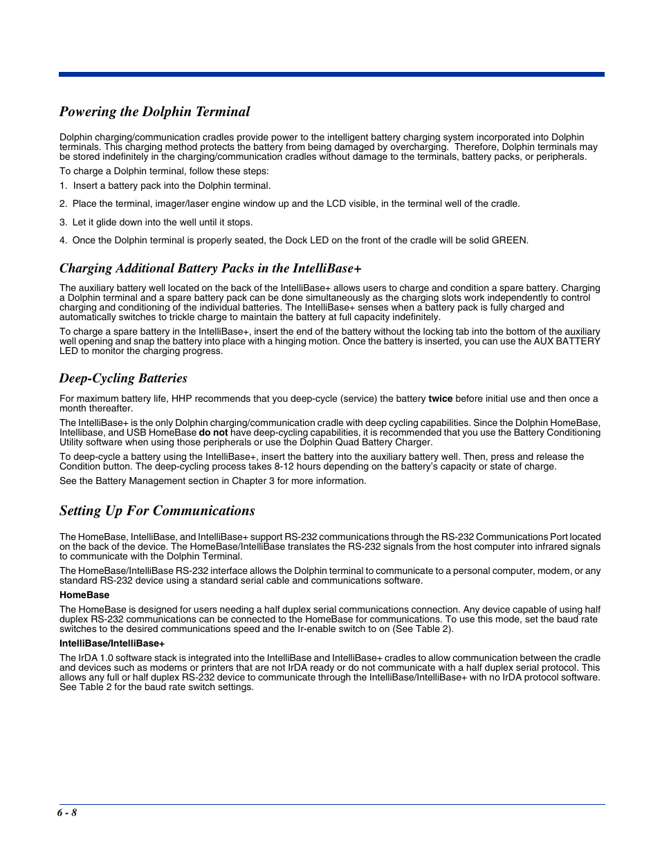 Powering the dolphin terminal, Deep-cycling batteries, Setting up for communications | Powering the dolphin terminal -8, Setting up for communications -8 | Hand Held Products 7400/7450 User Manual | Page 62 / 107