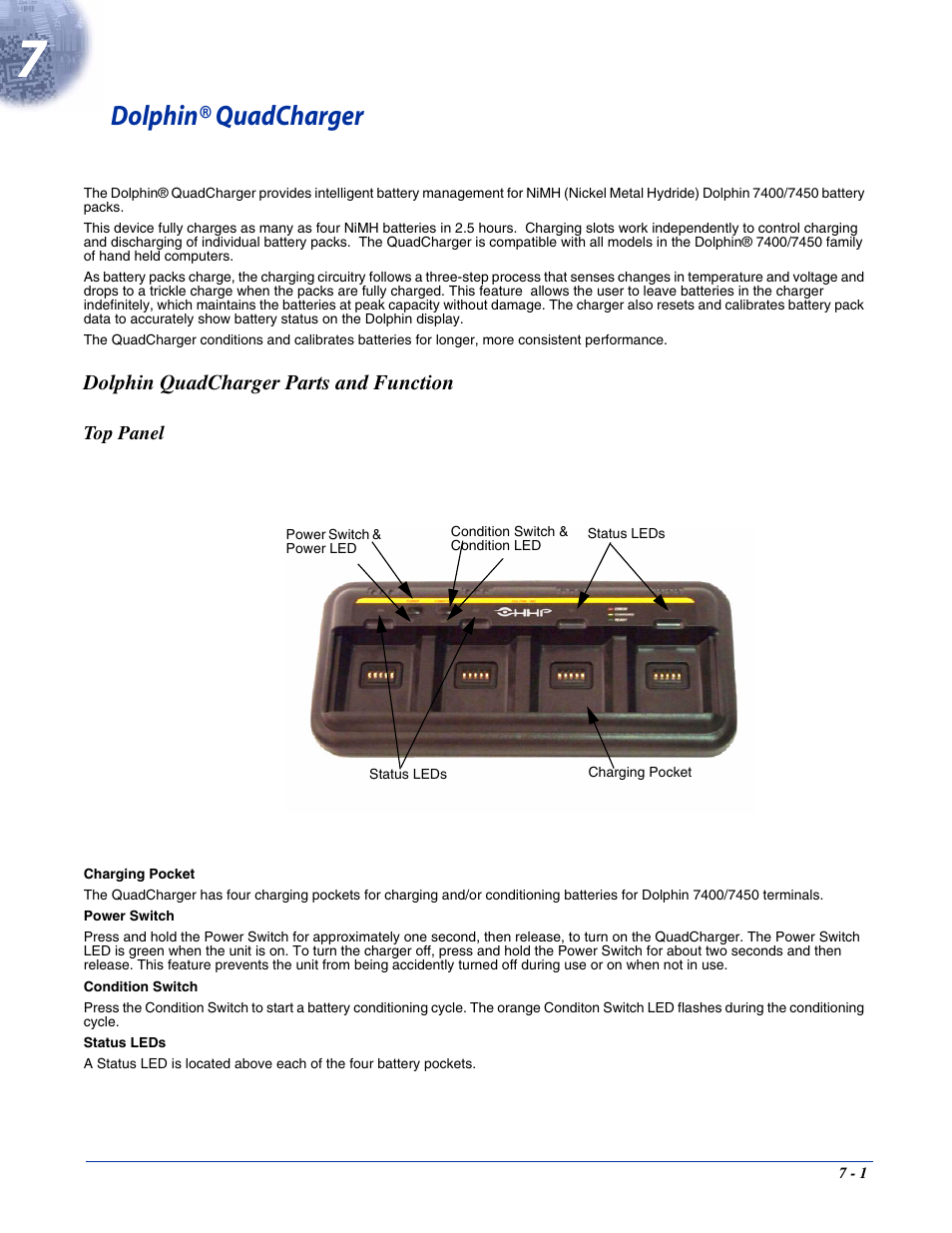 Dolphin® quadcharger, Dolphin quadcharger parts and function, Top panel | Chapter 7 - dolphin® quadcharger, Dolphin quadcharger parts and function -1, Top panel -1 | Hand Held Products 7400/7450 User Manual | Page 71 / 107
