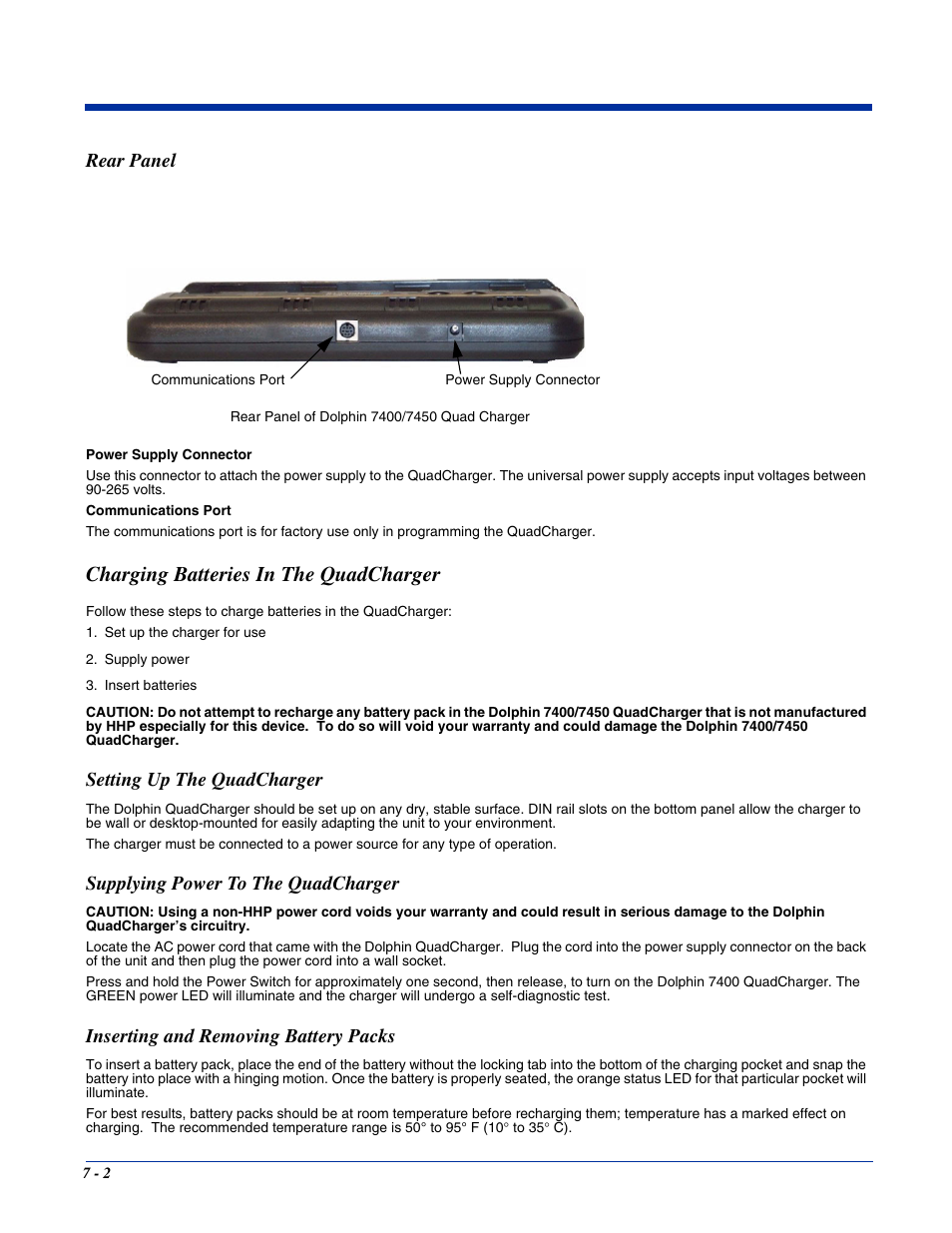 Rear panel, Charging batteries in the quadcharger, Setting up the quadcharger | Supplying power to the quadcharger, Inserting and removing battery packs, Rear panel -2, Charging batteries in the quadcharger -2 | Hand Held Products 7400/7450 User Manual | Page 72 / 107