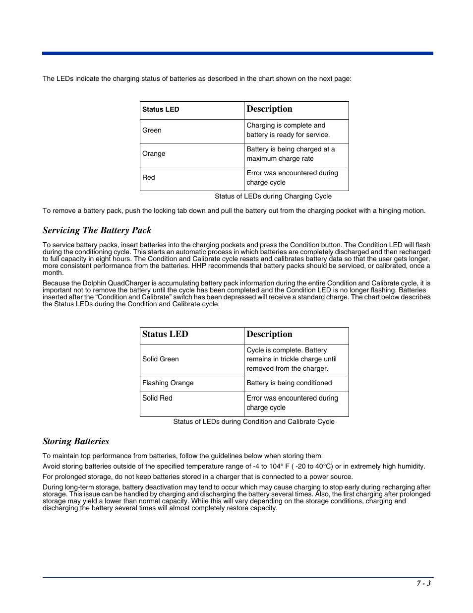 Servicing the battery pack, Storing batteries, Servicing the battery pack -3 storing batteries -3 | Hand Held Products 7400/7450 User Manual | Page 73 / 107