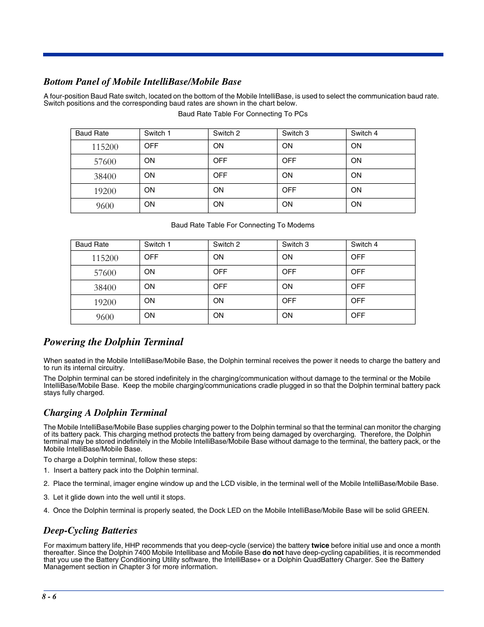 Bottom panel of mobile intellibase/mobile base, Powering the dolphin terminal, Charging a dolphin terminal | Deep-cycling batteries, Bottom panel of mobile intellibase/mobile base -6, Powering the dolphin terminal -6 | Hand Held Products 7400/7450 User Manual | Page 80 / 107