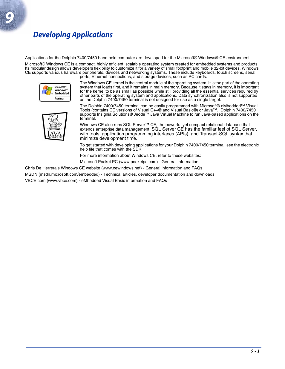 Developing applications, Chapter 9 - developing applications | Hand Held Products 7400/7450 User Manual | Page 85 / 107