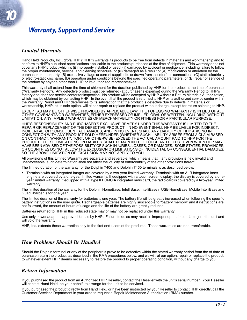 Warranty, support and service, Limited warranty, How problems should be handled | Return information, Chapter 10 - warranty, support and service | Hand Held Products 7400/7450 User Manual | Page 87 / 107